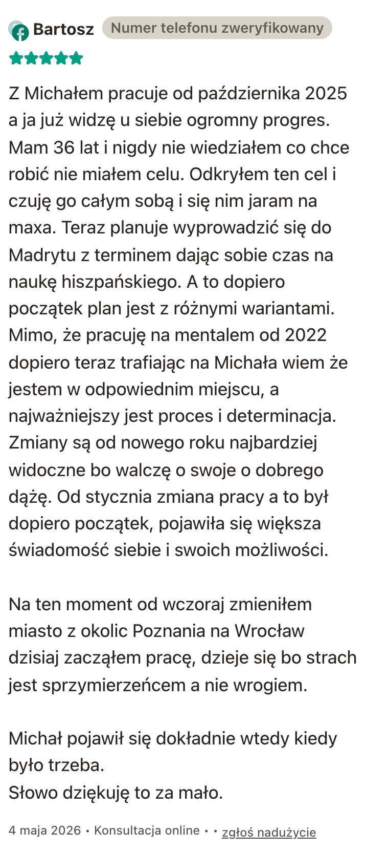 Zrzut opinii użytkownika Bartosz z profilu ZnanyLekarz